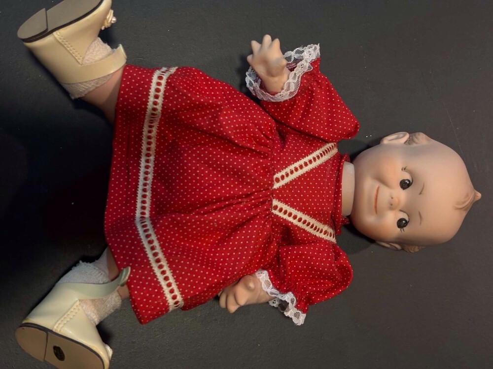 Vintage PV 18 Kewpie Style Vinyl Doll 8” Red Polka Dot Dress Mary Jane Shoes